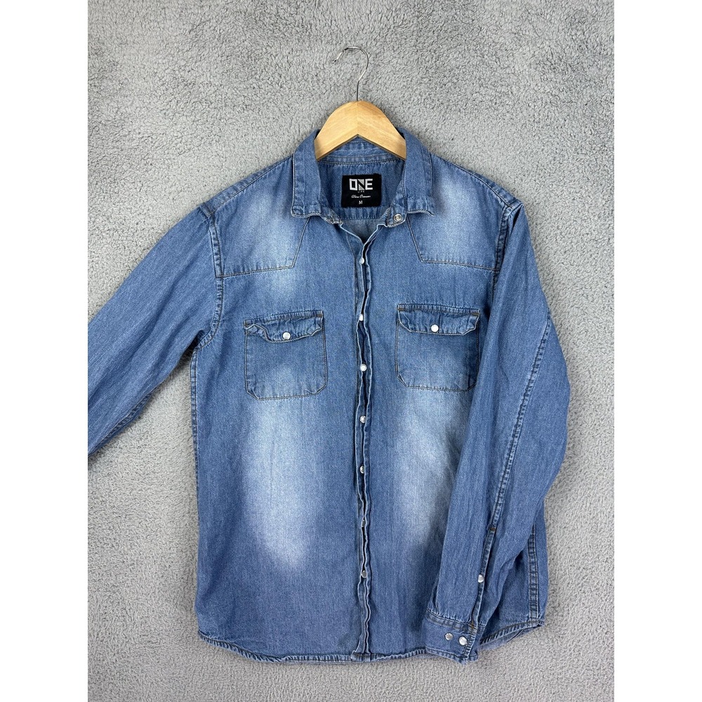 ONE LIFE Denim Shirt Mens Medium Blue Western Pearl Snap Long Sleeve Classic Fit